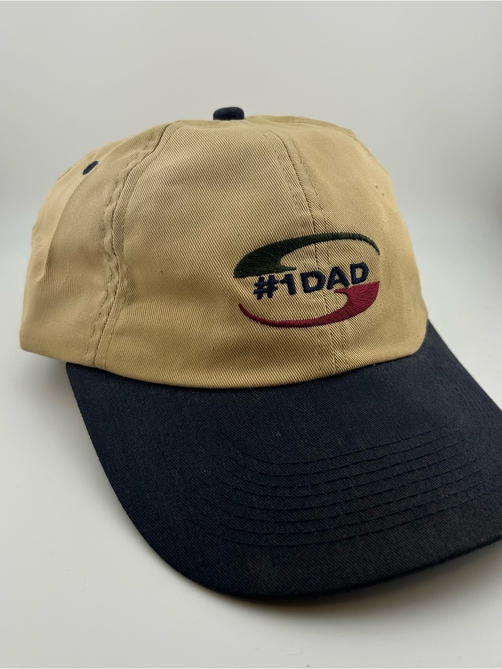 Vintage JHats #1 Dad Embroidered Strapback Hat Tan Navy Adjustable Baseball Cap